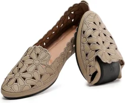 Women's Floral Ballet Flats for Women Black Beige Slip On Flowers PU Leather Round Toe Dress Shoes